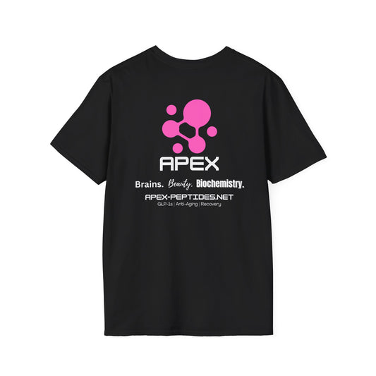 Apex Peptides Logo T-Shirt — Brains, Beauty, Biochemistry Design